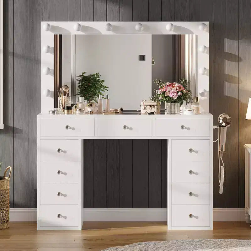 Coiffeuse avec miroir et lumières LED, coiffeuse blanche avec 11 tiroirs et une multiprise, 3 modes de couleur et luminosité réglable