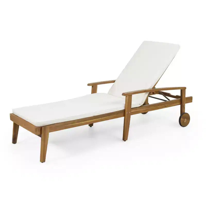 Sdraio da esterno in legno con schienale regolabile in 5 posizioni, lettino da piscina con ruote e cuscino resistente all'acqua per giardino e bordo piscina