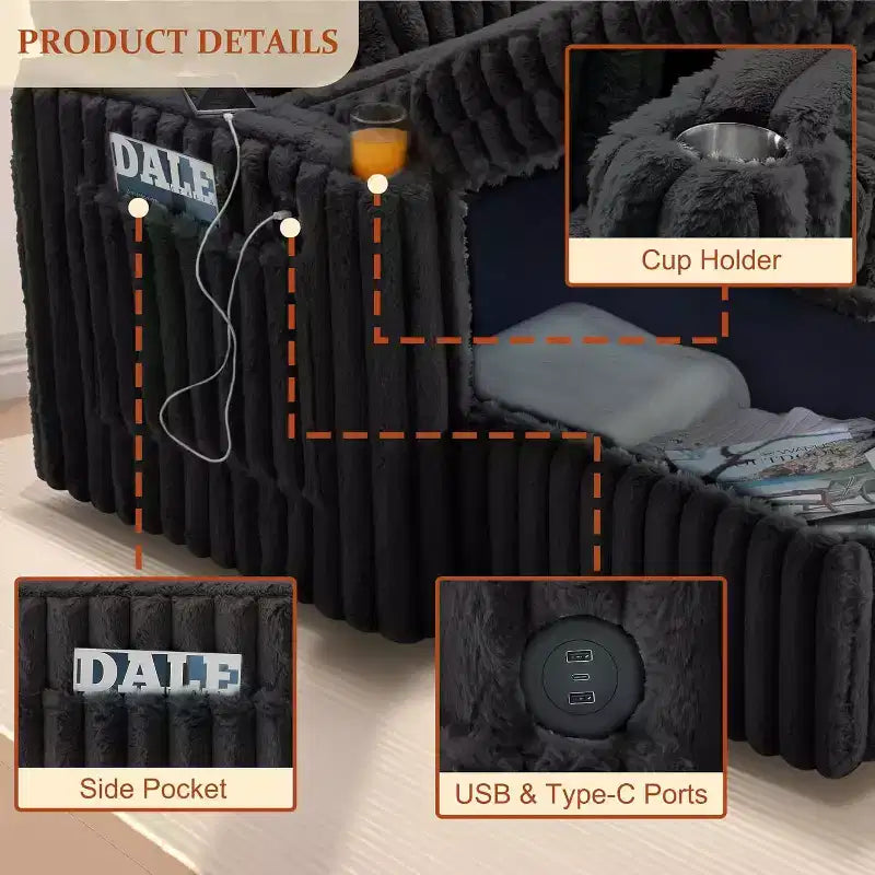 MooxvMoo Divano letto a U 124" con contenitore, divano convertibile di grandi dimensioni con letto estraibile, schienale regolabile, porte USB e portabicchieri, nero
