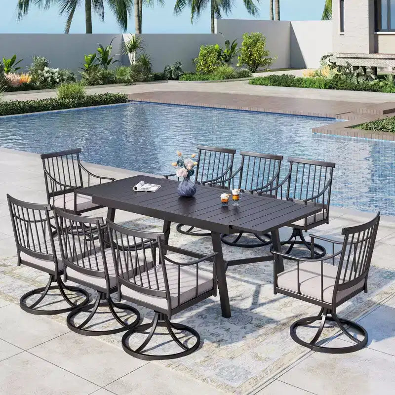 Captiva Designs Set da 9 pezzi, tavolo rettangolare in acciaio con piano a doghe regolabile e sedie a braccioli eleganti con cuscini per patio