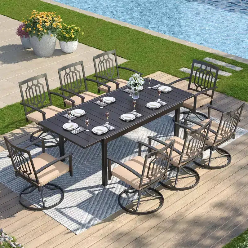 Captiva Designs Tavolo da pranzo rettangolare in acciaio con piano a doghe regolabile e sedie in metallo nere, set da 9 pezzi
