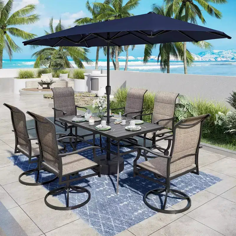 Captiva Desighttps Set pranzo da patio 8 pezzi con tavolo rettangolare in acciaio con piano a doghe e sedie girevoli imbottite in tessuto a fionda e ombrellone a palo centrale