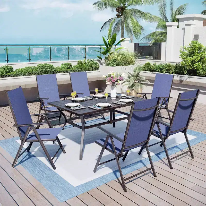 Ensemble de salle à manger d'extérieur 7 pièces Captiva Designs avec table rectangulaire à lattes et chaises pliantes en textilène