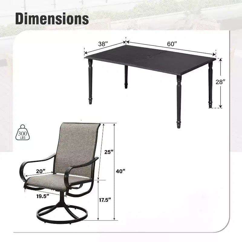 Captiva Designs Table de salle à manger rectangulaire avec plateau à lattes en acier et 6 chaises pivotantes en tissu maillé gris-brun, 7 pièces, pour terrasse extérieure