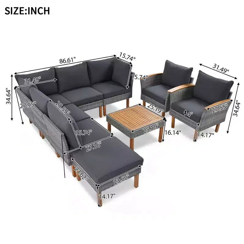 Whisen Set di Mobili da Giardino a 9 Pezzi in Rattan Resistente alle Intemperie e Divano Sezionale da Esterno con Tavolino da Caffè e Cuscini - Grigio