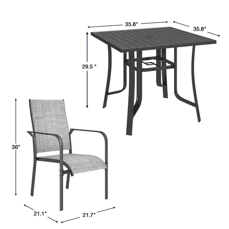 EROMMY Ensemble de salle à manger de jardin 5 pièces, Ensemble de table et chaises de jardin pour 4 personnes, 4 chaises en textilène, 1 table carrée en fer, Ensemble de mobilier de jardin pour terrasse