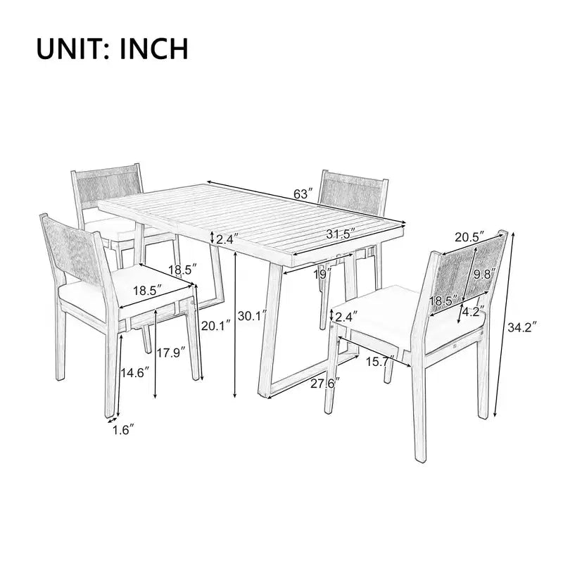 Ensemble de table et de chaises de salle à manger d'extérieur en bois d'acacia multi-personnes Whisen, coussins épais, convient pour balcon, cour et jardin.