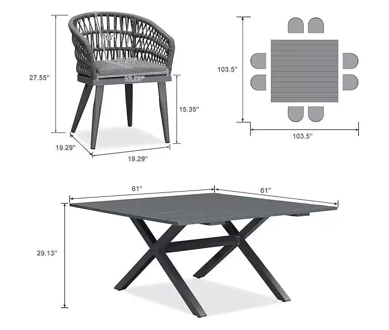 Ensemble de salle à manger d'extérieur PURPLE LEAF en rotin PE tout temps avec table et chaises à cadre entièrement en aluminium pour pelouse, jardin et terrasse