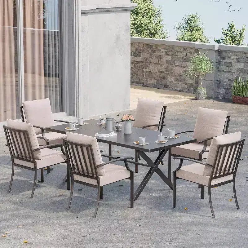 ALAULM Ensemble de Salle à Manger d'Extérieur 7 Pièces, Meubles de Patio en Métal avec 6 Chaises Fixes et Grande Table