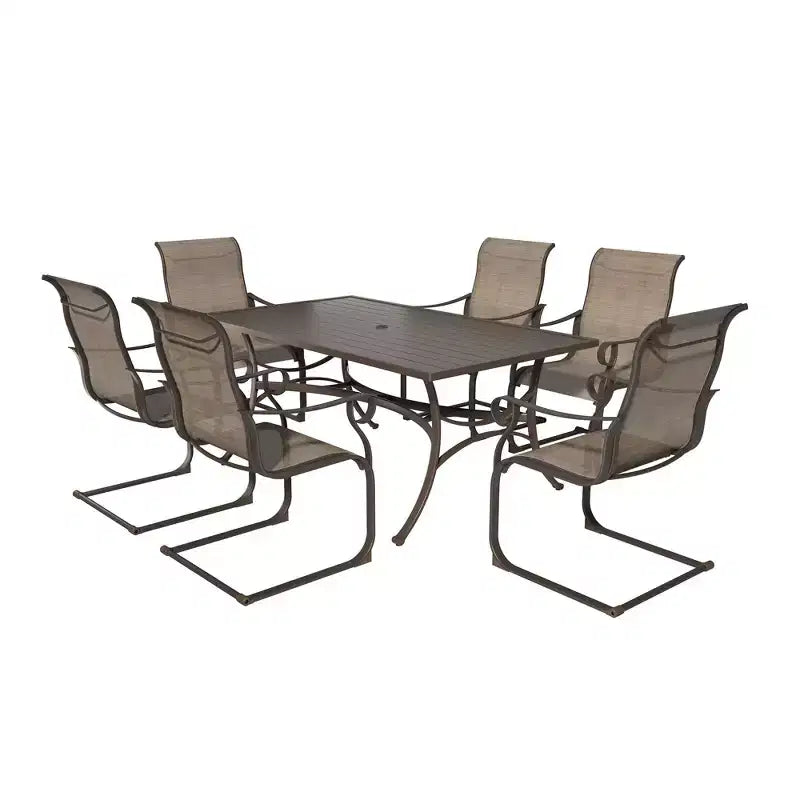 Set da pranzo Mondawe da 7 pezzi per esterni in acciaio e textilene con 6 sedie e 1 tavolo con foro per ombrellone