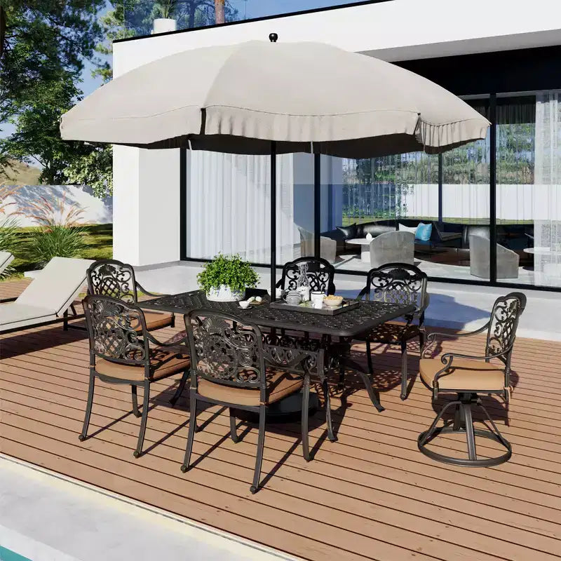 Ensemble de salle à manger de patio 7 pièces, table et chaises d'extérieur tout temps pour 6 personnes, comprend 4 chaises de salle à manger, 2 chaises pivotantes et une table rectangulaire de 152 cm