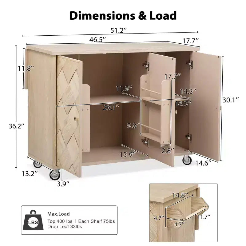 Isola da Cucina con Anta a Ribalta e Ante Intrecciate a Mano, Carrello con Ripiano Interno, Piano di Lavoro