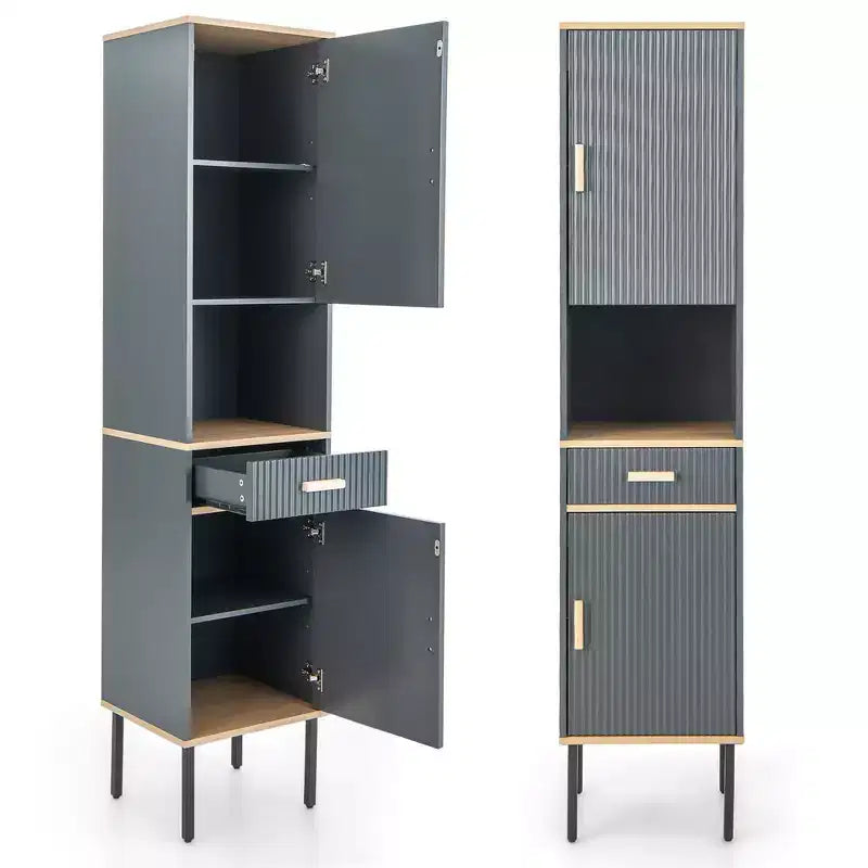 Armadietto Alto per Bagno, Mobile Salvaspazio da Terra con Ante e Cassetto