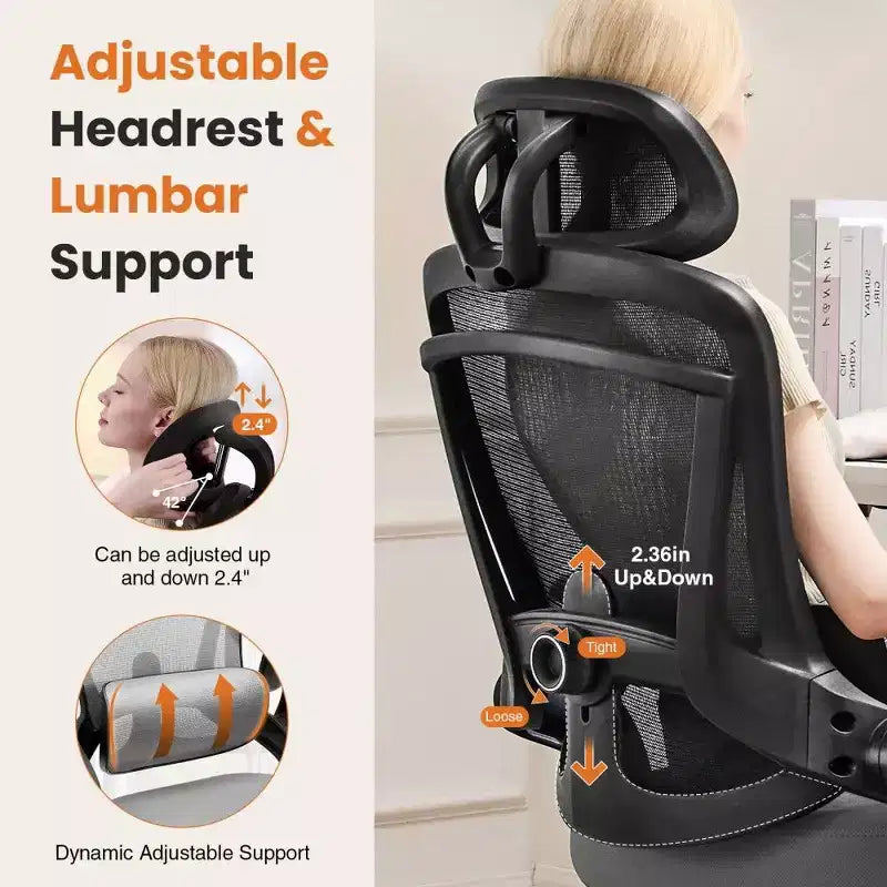 Sedia da ufficio ergonomica in rete con schienale alto, supporto lombare e poggiatesta regolabili, braccioli ribaltabili, portata 125 kg