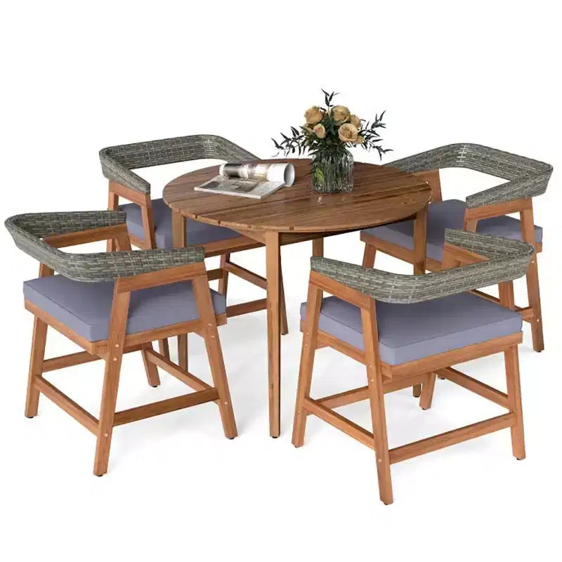 Set da pranzo da 5 pezzi per patio con cuscini e schienale in rattan PE per giardino e cortile