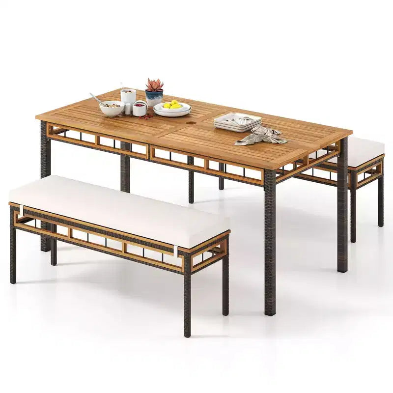 Costway Ensemble repas de jardin 3 pièces en bois d'acacia avec trou pour parasol de 5 cm et coussins, Marron mélangé