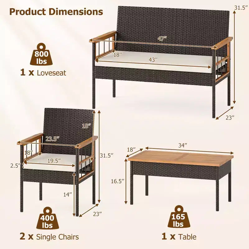 Set da pranzo Gymax da 4 pezzi per esterni con tavolino in legno di acacia e cuscini bianchi per giardino/cortile