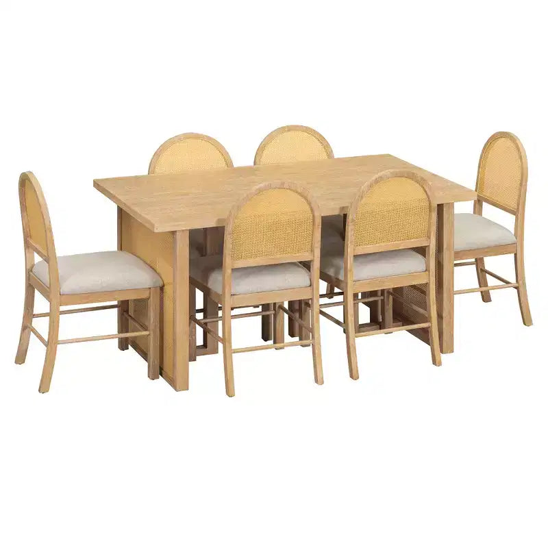 Ensemble de table à manger 7 pièces de style ferme pour 6 personnes - Table à manger rectangulaire de 152 cm avec finition vieillie et 6 chaises en rotin, Meubles de cuisine rustiques