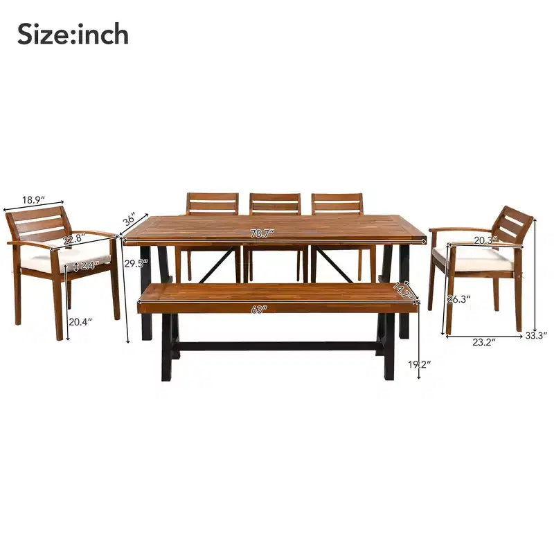 Ensemble de salle à manger d'extérieur rustique en bois Whisen 7 pièces – 8 places, mobilier de patio avec coussins amovibles, chaises et banc, résistant aux intempéries – Naturel