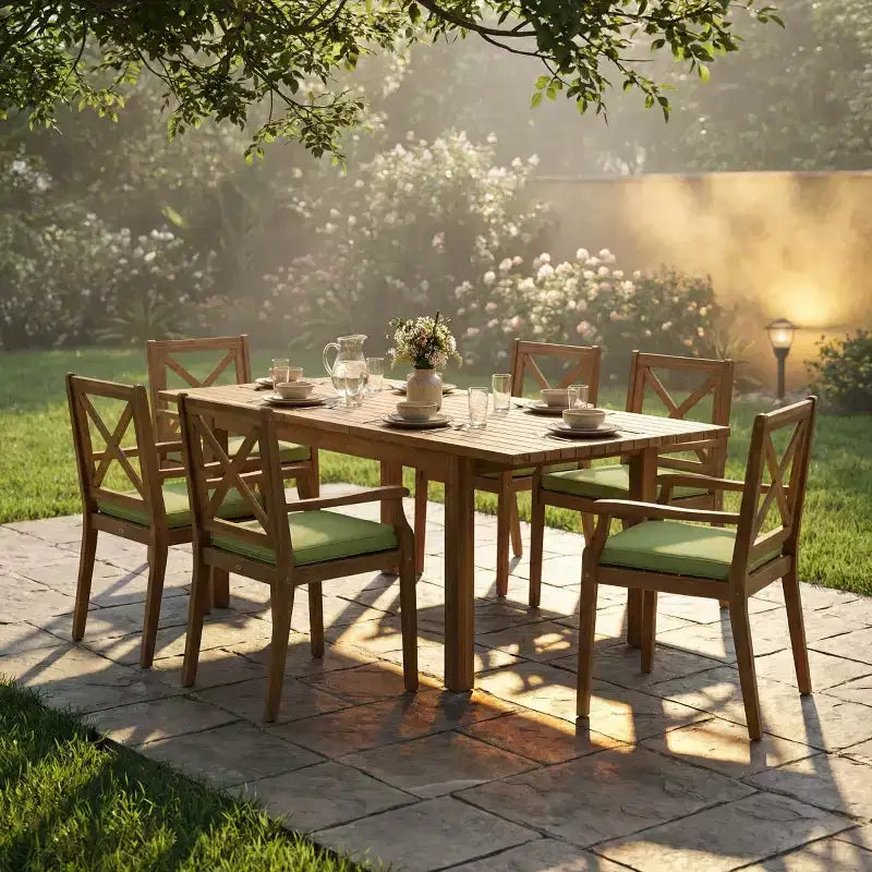 Ensemble de salle à manger d'extérieur 7 pièces, table à manger extensible en bois d'acacia avec 6 chaises rembourrées, mobilier de salle à manger d'extérieur pour jardin - Panipeachy