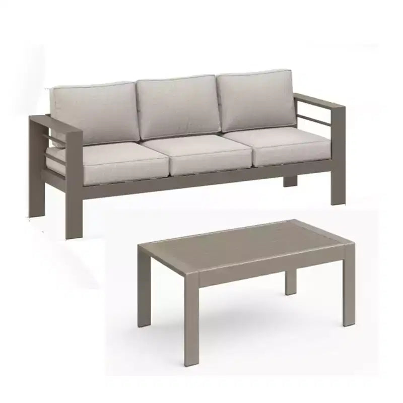 Set da Esterno 2 Pezzi, Divano Patio a 3 Posti in Metallo da 190 cm per Tutte le Stagioni con Cuscini Spessi e Tavolino da Caffè da 109 cm