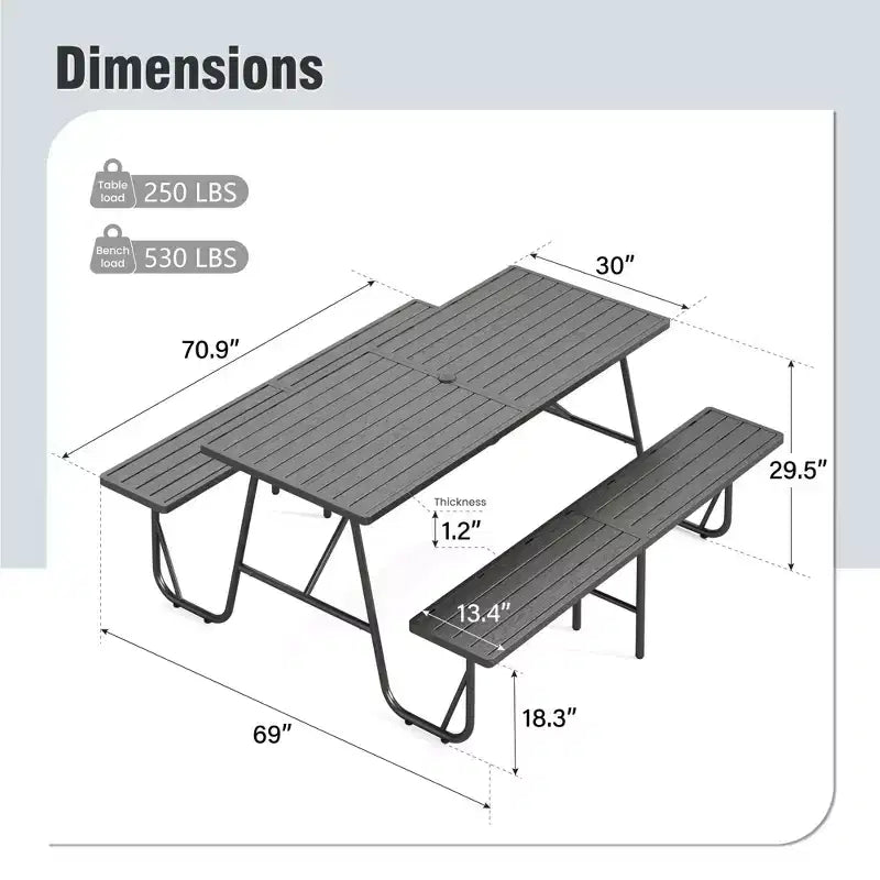 Ensemble de salle à manger extérieur Captiva Designs en grain de bois avec piètement en forme de A et trou pour parasol
