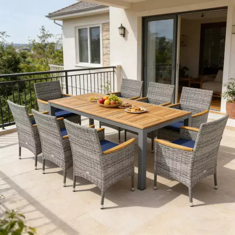Gymax Ensemble de salle à manger d'extérieur 9 pièces pour 8 personnes avec chaises en rotin PE et table avec 2 trous pour parasol pour jardin, terrasse, patio