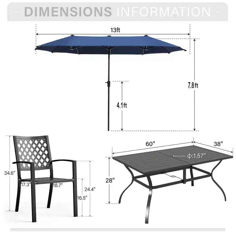 Captiva Designs Ensemble de salle à manger d'extérieur 8 pièces avec table rectangulaire en acier à lattes, chaises empilables en métal et parasol bleu de 3,96 m