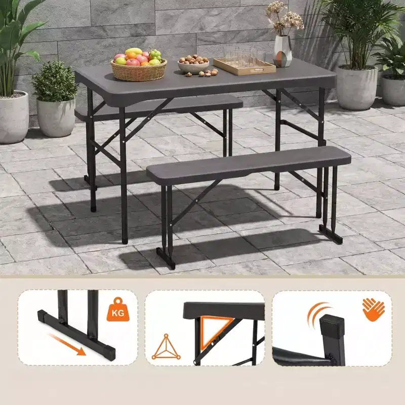Set da tavolo da picnic pieghevole Gymax per patio con 2 panche e struttura in metallo, superficie in HDPE per campeggio e giardino