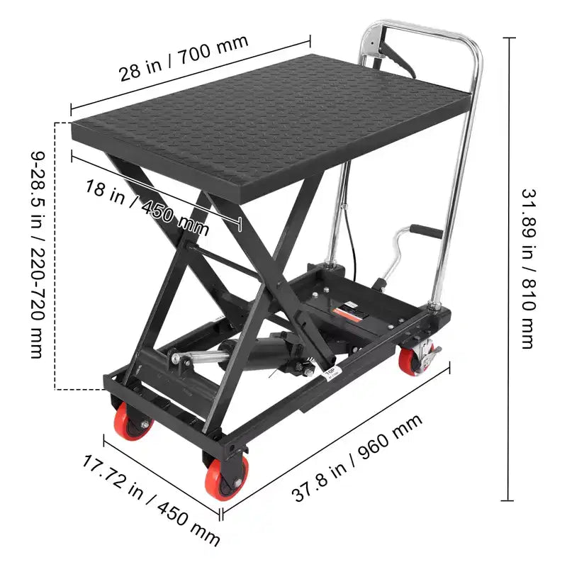 Carrello da Tavolo Idraulico a Forbice, Capacità 227 kg, Altezza di Sollevamento 72,4 cm, Tavolo Elevatore Manuale a Forbice Singola con 4 Ruote e Tappetino Antiscivolo
