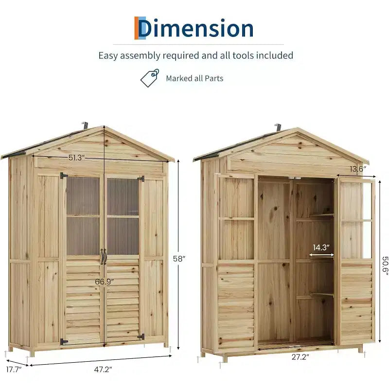 Mobile da Patio in Legno Resistente alle Intemperie Abete con Tetto Impermeabile, 6 Ripiani Regolabili, Pali di Fissaggio e Kit Anti-Caduta Ideale per Attrezzi da Giardino