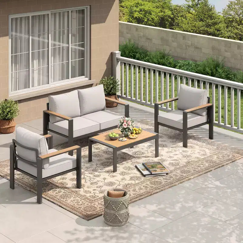 Salon de jardin en aluminium, canapé d'extérieur modulable avec 5 coussins épais, 4 accoudoirs et table basse pour jardin, terrasse, arrière-cour