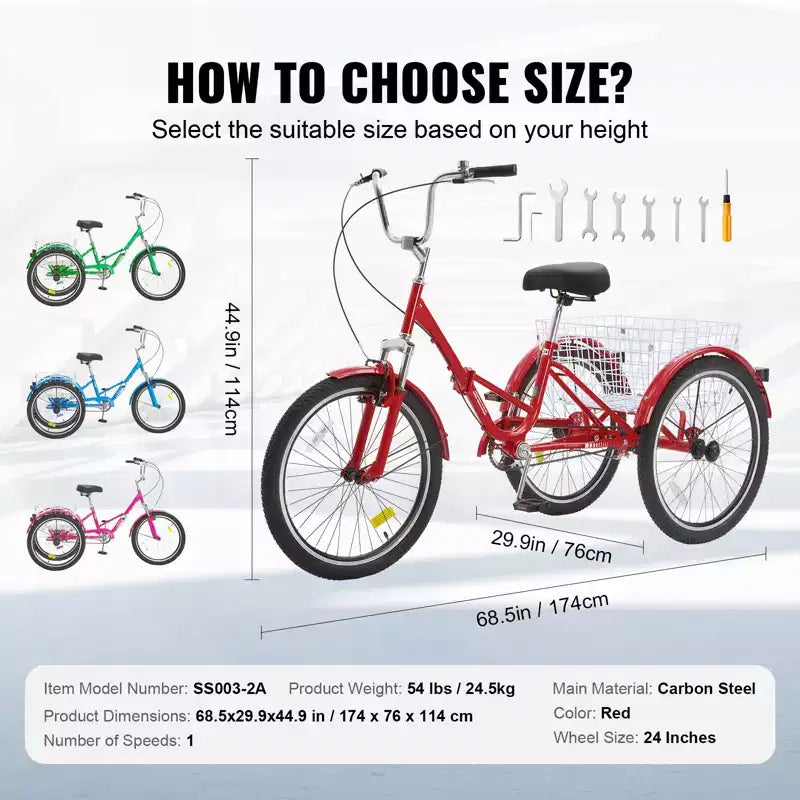 Tricycle pliant adulte VEVOR, Tricycle pliant adulte de 24 pouces, Vélo cruiser à 3 roues en acier au carbone avec grand panier et selle réglable