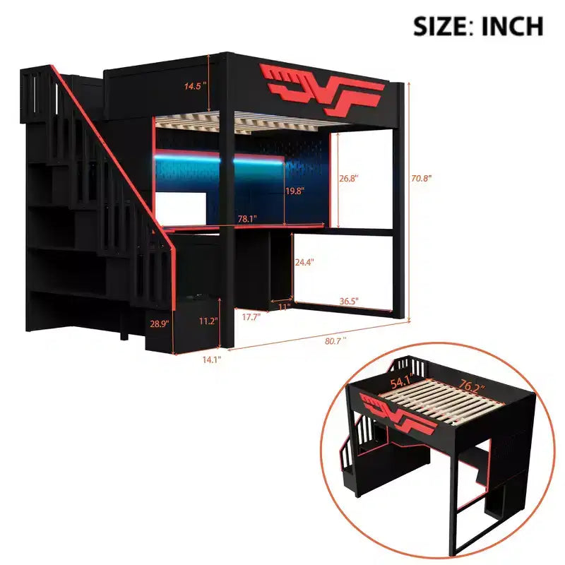 Lit superposé pleine grandeur Whisen avec bureau et escalier de rangement – Rouge et noir