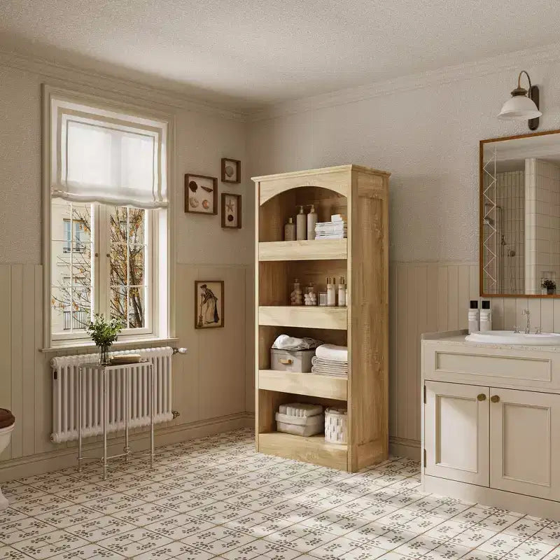 Mobiletto da bagno in legno con ripiani e cassetto portaoggetti per articoli da toilette