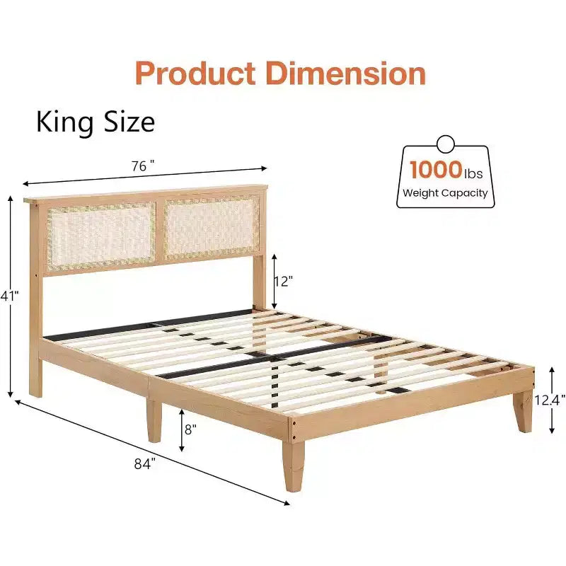 Struttura Letto in Rattan con Testiera Naturale, Luci a LED, Doghe in Legno Massello, Spazio Contenitore, Nessuna Rete a Molle Necessaria