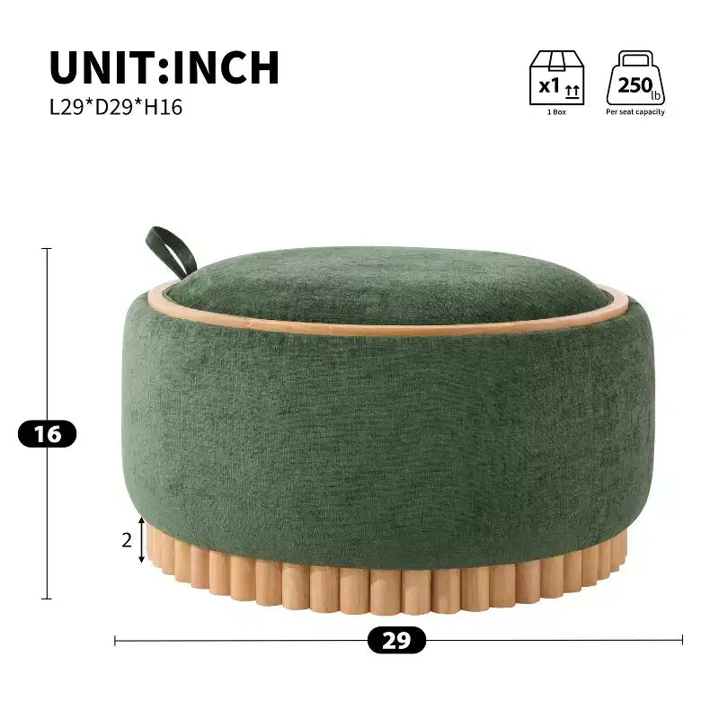 Pouf rotondo Polibi con base cilindrica in legno massello e coperchio reversibile
