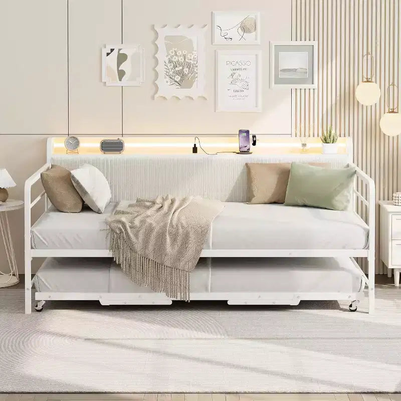 Cadre de lit double, tête de lit en velours côtelé avec rangement, canapé-lit métallique robuste, lit escamotable, convient au salon et à la chambre à coucher