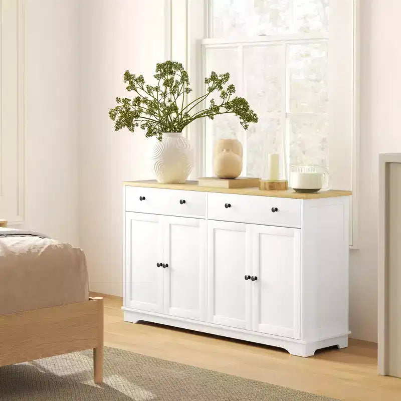 Buffet bas HOMCOM avec rangements, Meuble de cuisine moderne avec 4 portes, 2 tiroirs et 2 étagères réglables, Meuble de bar à café