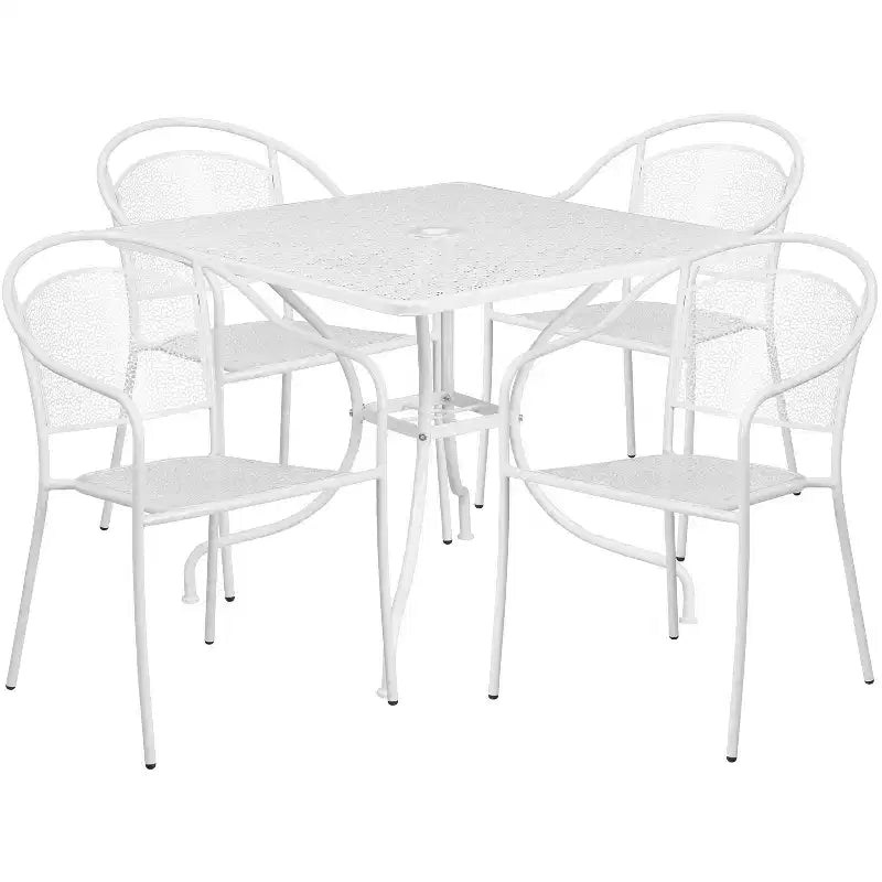 Flash Furniture Oia Ensemble de table de patio carrée en acier de 35,5 po de qualité commerciale pour l'intérieur et l'extérieur avec 4 chaises à dossier rond