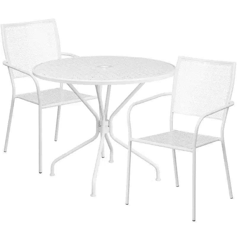 Ensemble table de jardin et de terrasse ronde en métal Emma and Oliver de qualité commerciale de 35,25 po, 2 chaises à dossier carré