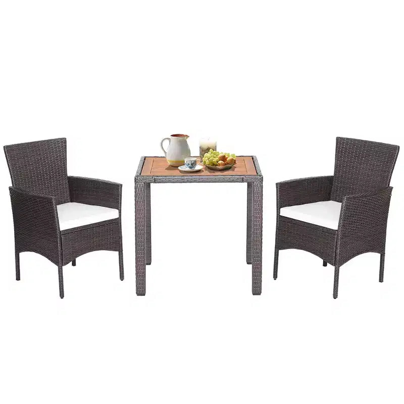Costway Set da Pranzo da Giardino 3 Pezzi in Vimini con Piano Tavolo in Legno di Acacia e Sedie Imbottite