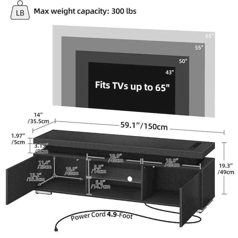 Meuble TV moderne Moasis pour TV 43-65 - Meuble TV console multimédia avec lumières LED