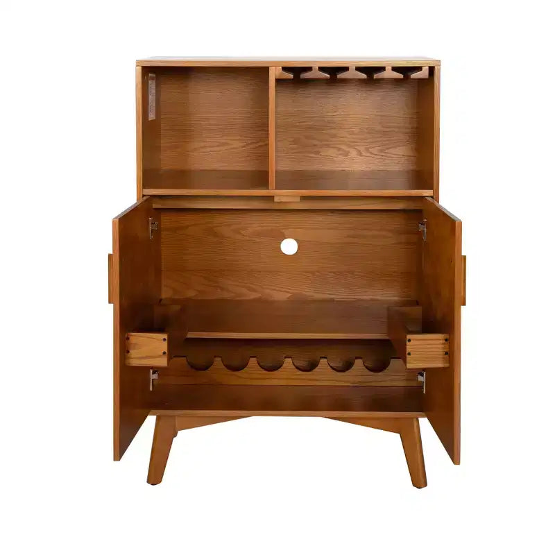 Meuble à vin en bois de 80 cm avec porte-verres, casier à vin, étagères réglables et rangement latéral pour la cuisine ou le bar.