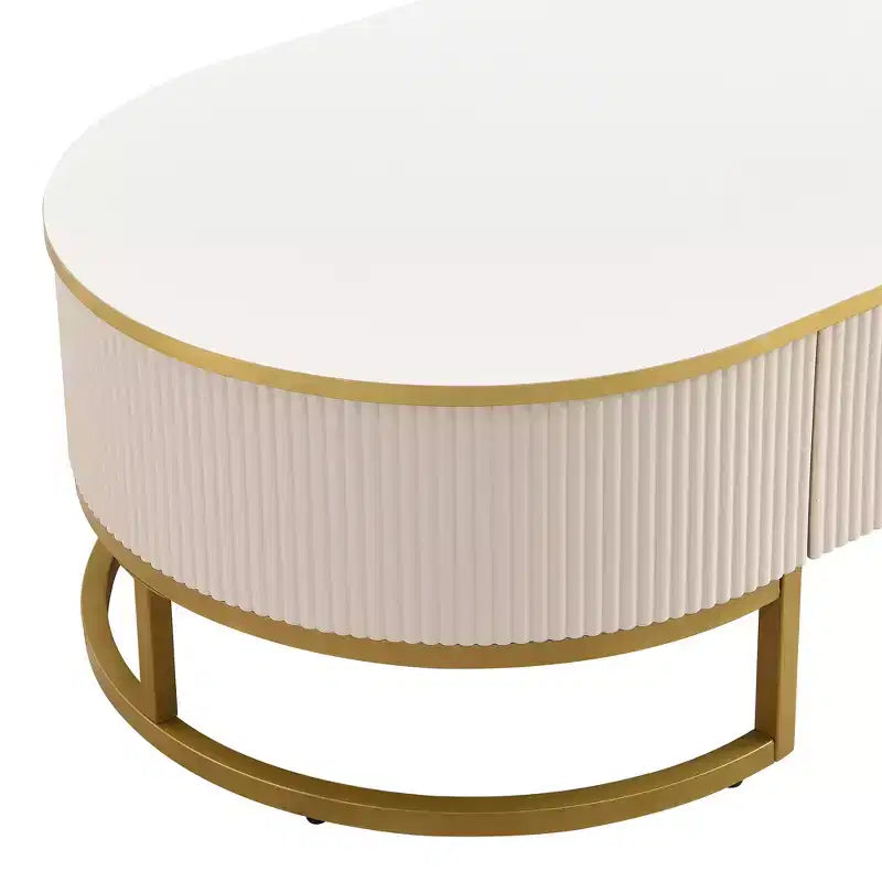 Tavolino da Caffè Moderno 47W, Tavolino da Salotto, Tavolino Centrotavola, Tavolino d'Appoggio con Cassetti, Design dal Profilo Curvo, Gambe in Metallo Dorato, Ovale, Bianco+Oro-ModernLuxe