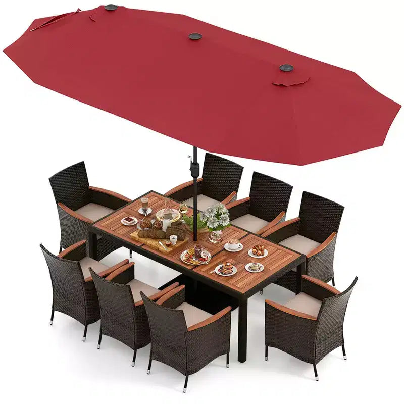 Ensemble de salle à manger Costway 11 pièces avec parasol de terrasse double face de 4,5 m (socle inclus) beige/café/bleu marine/orange/lie de vin/gris