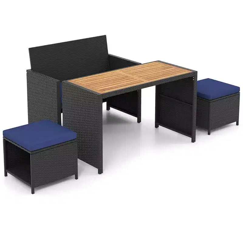 Costway Set da Pranzo per Esterni 4 Pezzi, Poltrona a Due Posti in Rattan e 2 Pouf Blu