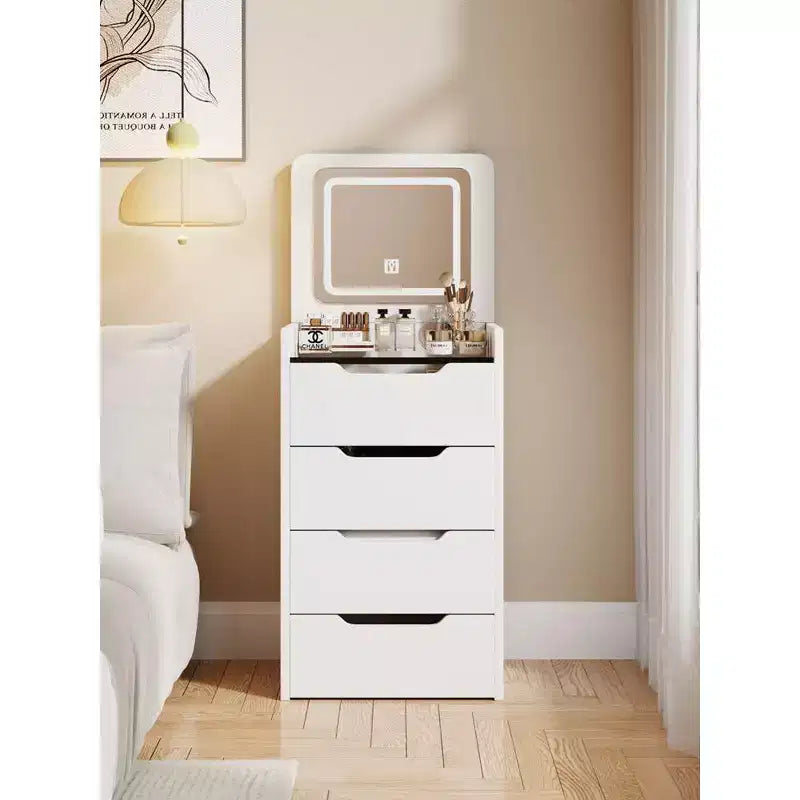 Okak 18.9 Ensemble coiffeuse et tabouret 3-en-1 avec miroir rabattable, coiffeuse compacte avec plateau en verre visible et 3 tiroirs, Blanc