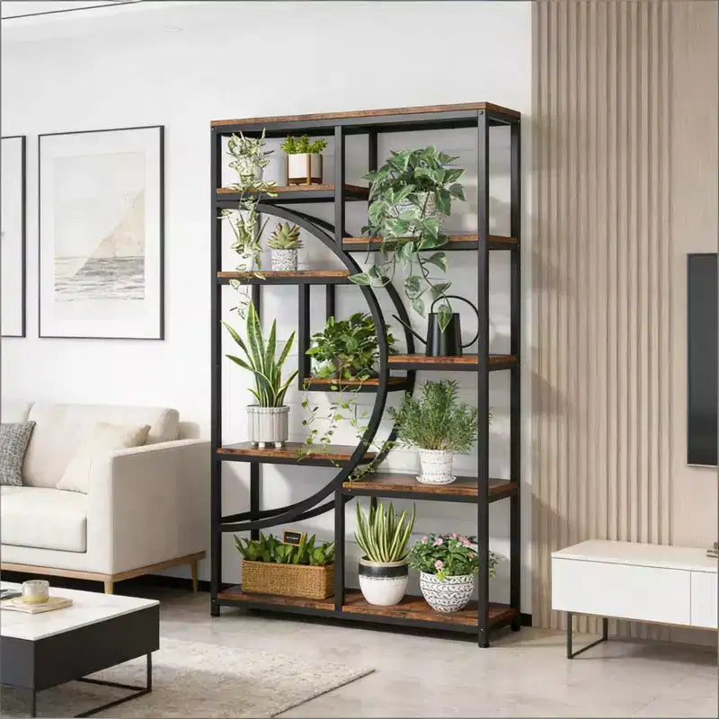 NAYSAYE Scaffale Geometrico da Terra in Metallo e Legno, Espositore a 9 Ripiani Industriale per Soggiorno Ufficio, Nero, 37.43*11.82*68.56