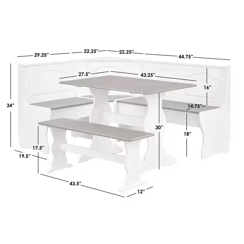 Buylateral Lot de 3 ensemble de salle à manger d'angle pour petit-déjeuner en bois massif Washington Farmhouse blanc/noyer foncé : en forme de L, pin massif, banc de rangement